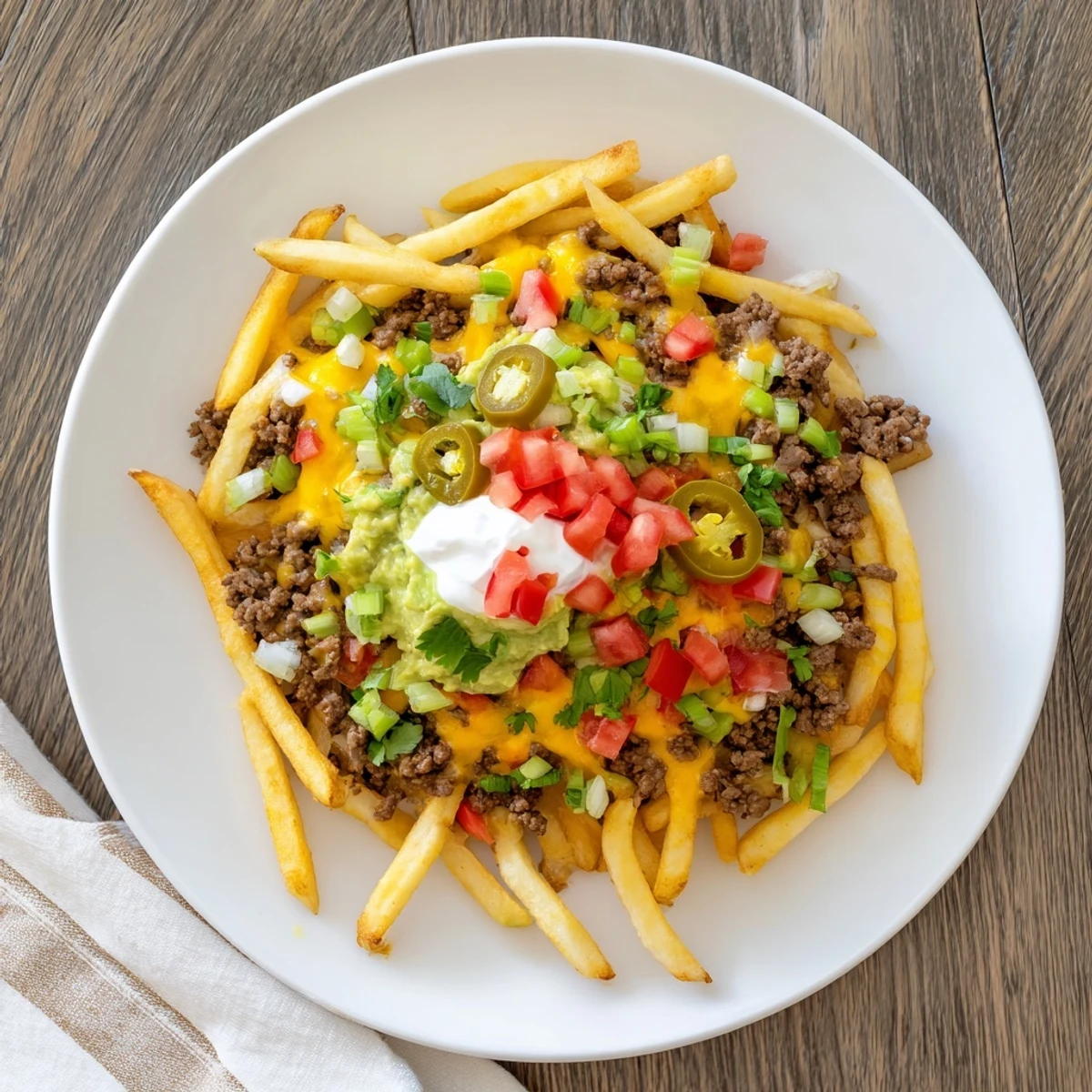 Loaded taco beef fries featuring sizzling ground meat, bubbly cheese blend and vibrant garnishes on a platter