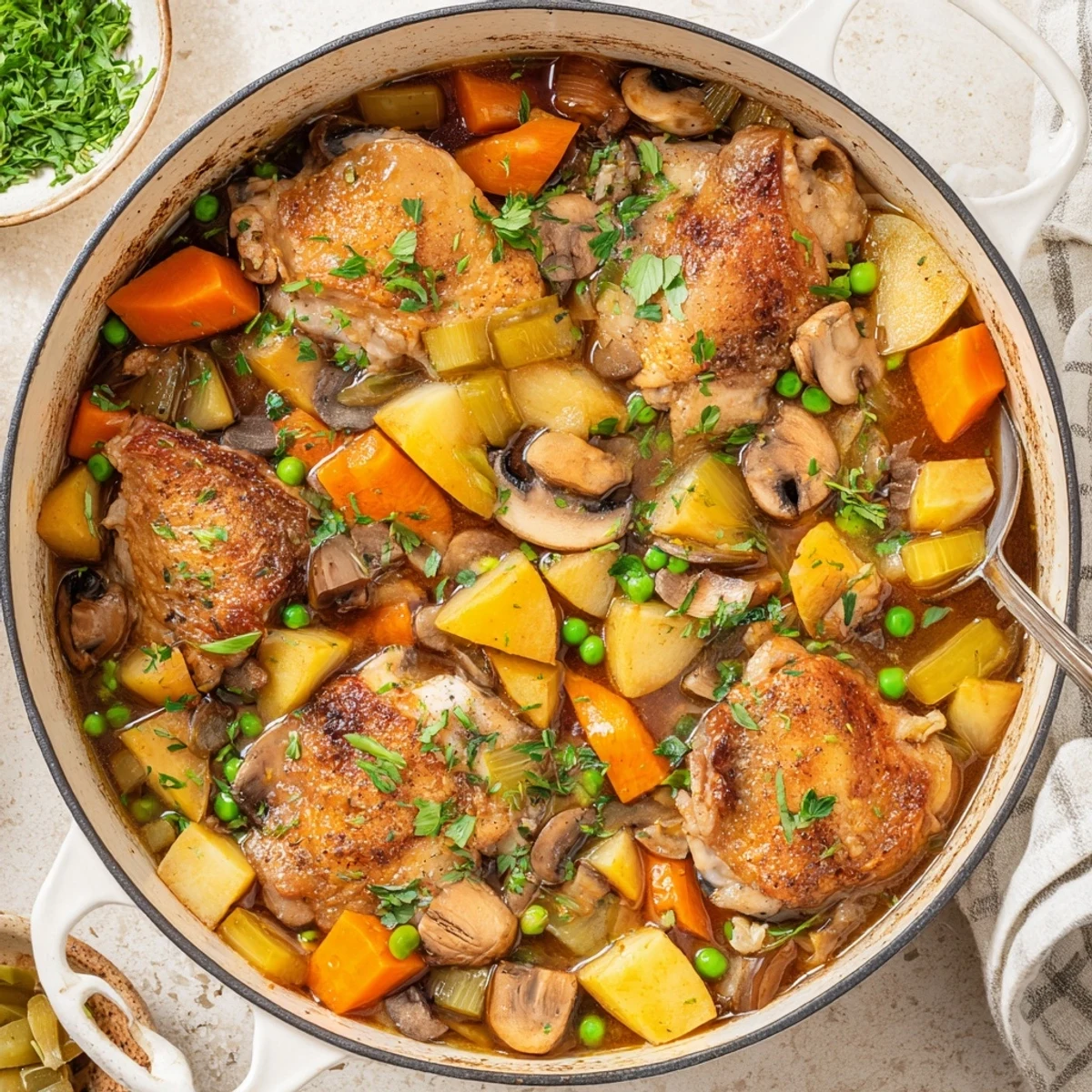 Golden brown French chicken casserole bubbling with tender vegetables in a rich white wine sauce