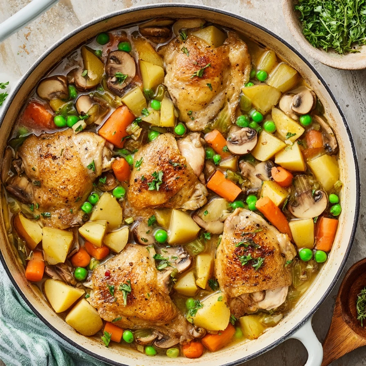 Rustic Dutch oven filled with French chicken casserole topped with fresh parsley and steaming hot