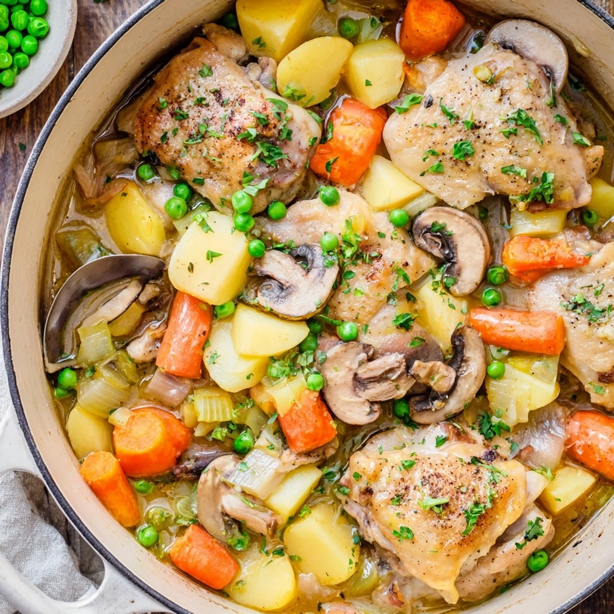 Hearty French chicken casserole featuring seared chicken thighs nestled among carrots potatoes and mushrooms