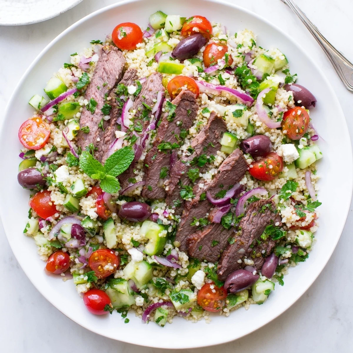 Golden grilled skirt steak slices resting atop fluffy herb couscous salad with colorful vegetables
