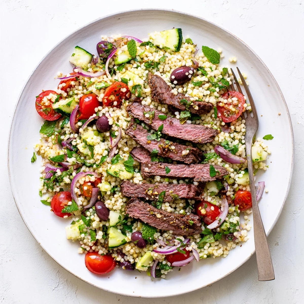 Vibrant grilled skirt steak and couscous salad platter featuring cherry tomatoes olives and fresh herbs
