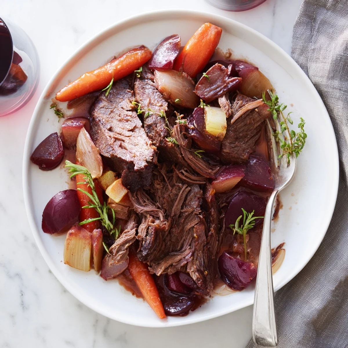 Fork-tender red grape juice braised chuck roast served with caramelized vegetables and rich braising juices