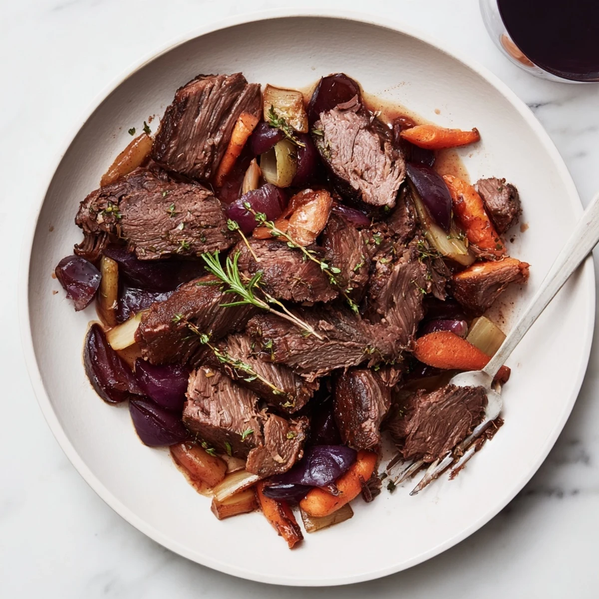 Succulent beef chuck roast slowly cooked in red grape juice with aromatic herbs and tender carrots