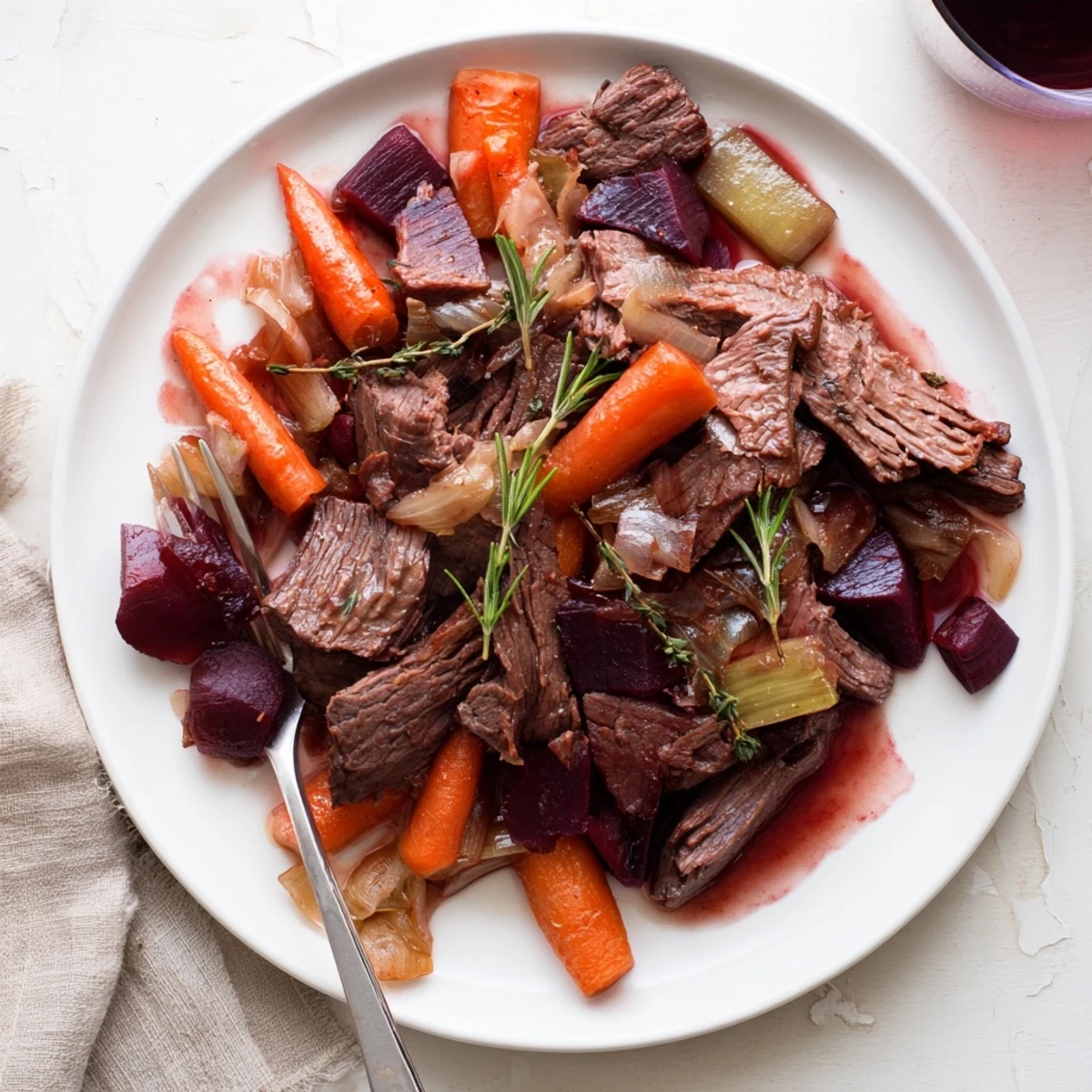 Garnished shredded red grape juice braised chuck roast plated alongside roasted vegetables in a dark glossy sauce