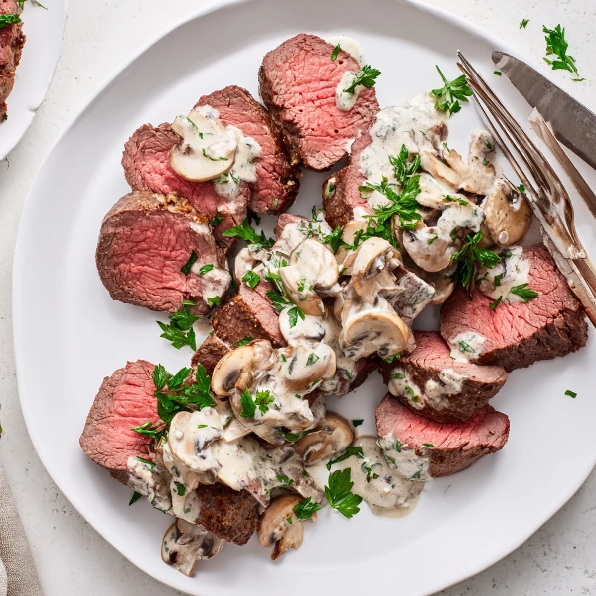 Sliced beef tenderloin arranged on a white plate, drizzled generously with velvety cream of mushroom sauce and sprinkled with fresh parsley.