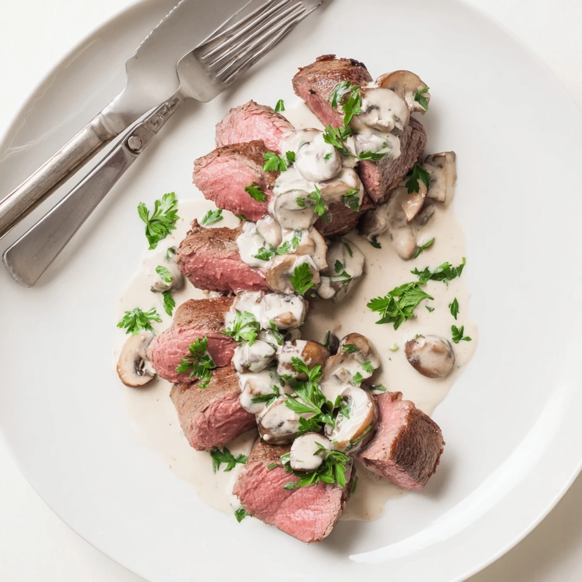 Juicy medium-rare beef tenderloin slices topped with a luscious white mushroom cream sauce, garnished with vibrant green parsley and thyme.