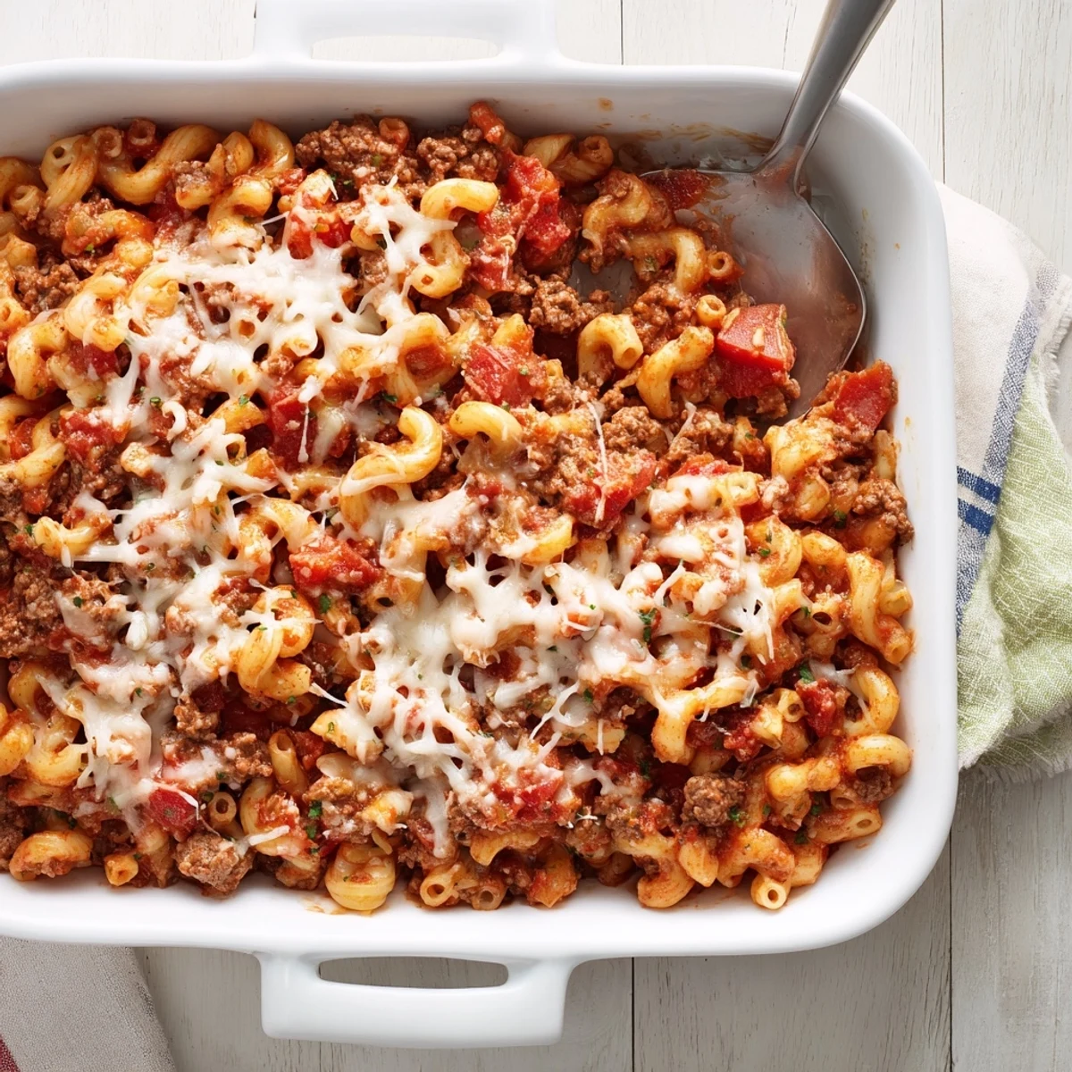 Bubbling garlic butter beefaroni casserole with melted mozzarella and Parmesan cheese topping