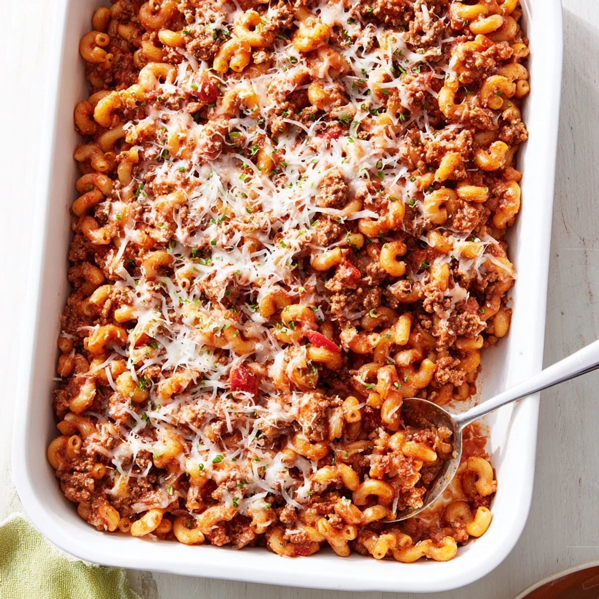 Golden baked pasta dish featuring savory ground beef and rich garlic butter sauce