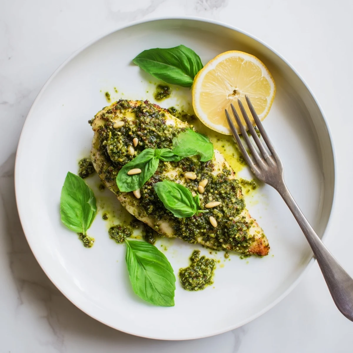 Golden baked chicken breasts topped with vibrant green lemon basil pesto sauce and fresh basil garnish