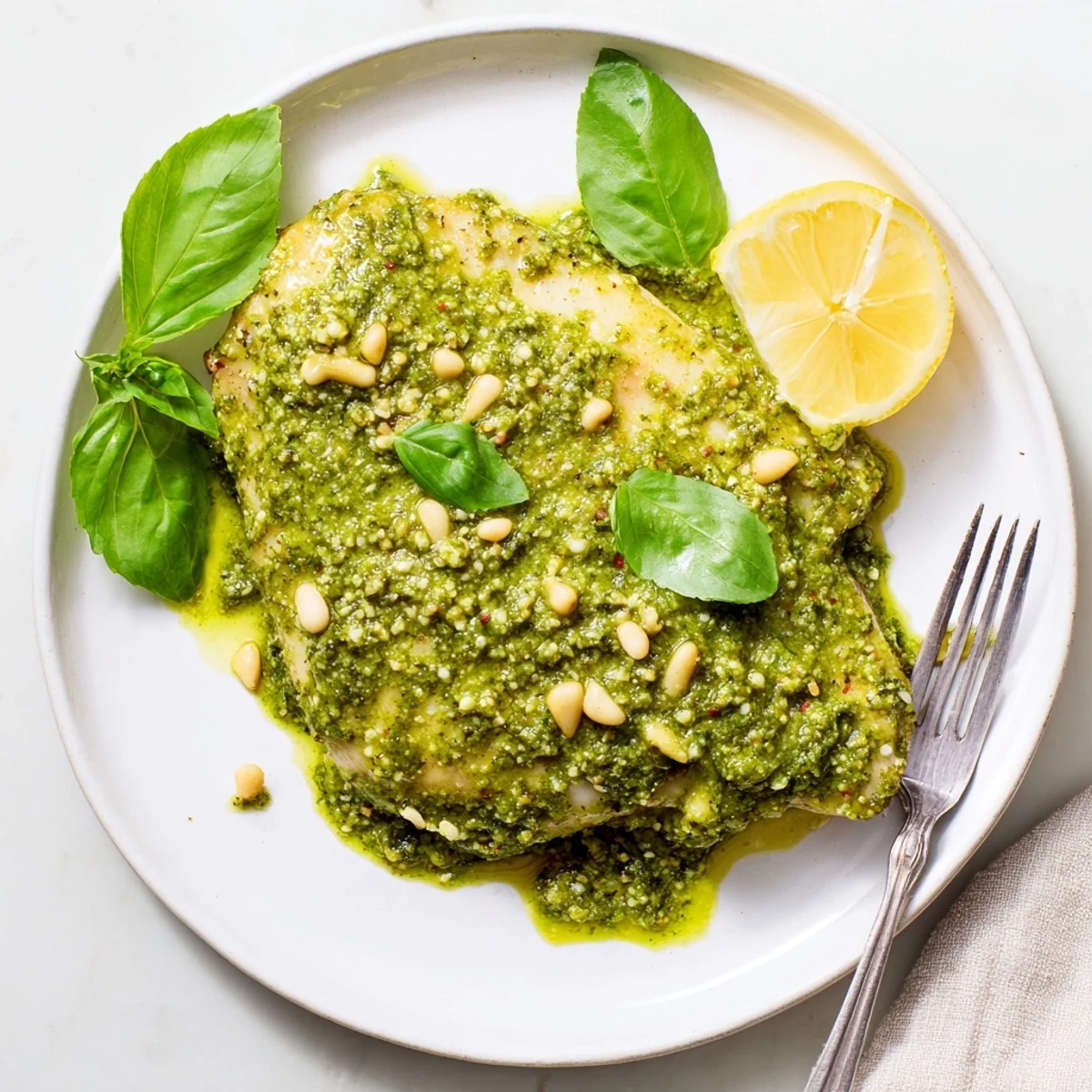 Tender roasted pesto chicken drizzled with zesty lemon basil sauce on a white serving plate