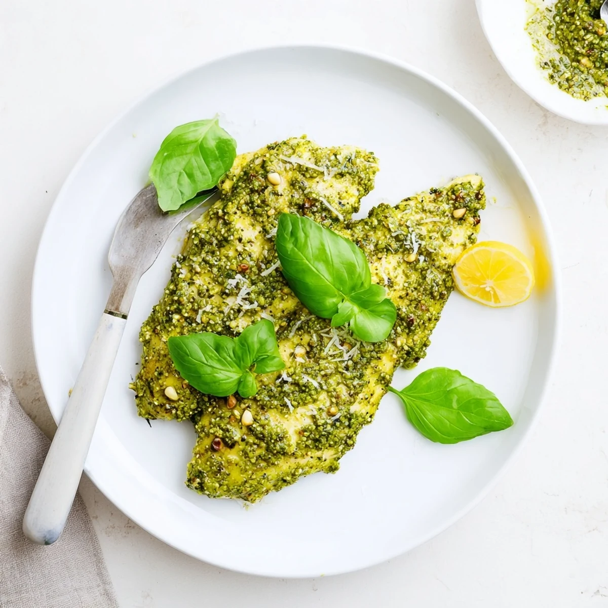 Juicy lemon basil pesto chicken resting on a wooden board with lemon slices and parmesan sprinkles