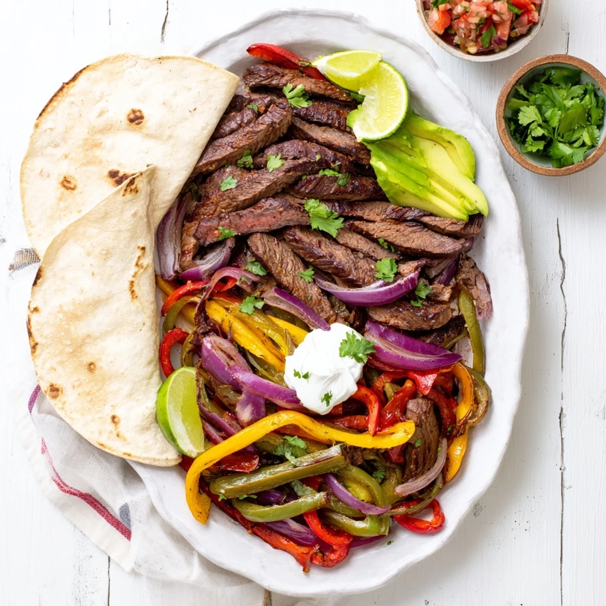 Sizzling grilled steak fajita platter featuring juicy marinated beef strips with colorful bell peppers and onions