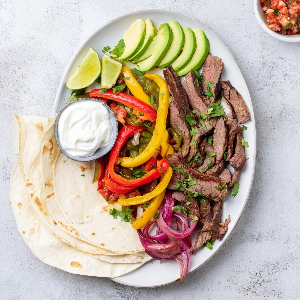 Grilled steak strips sliced against the grain served alongside charred peppers and onions for authentic steak fajitas