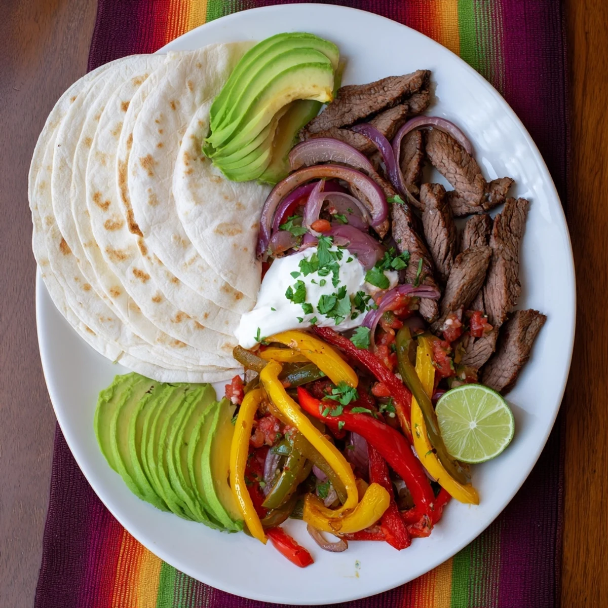 Steak fajita platter arranged on a serving board with warm tortillas, fresh avocado, and vibrant toppings