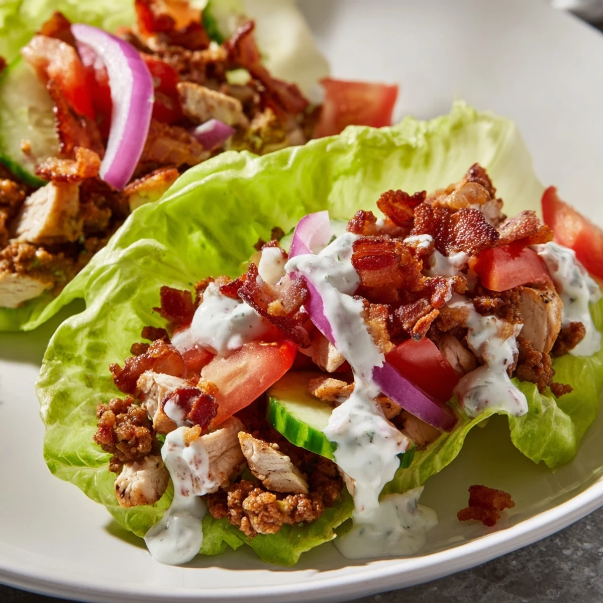 Golden chicken and seasoned beef layered in crisp lettuce with crumbled bacon drizzled with creamy ranch