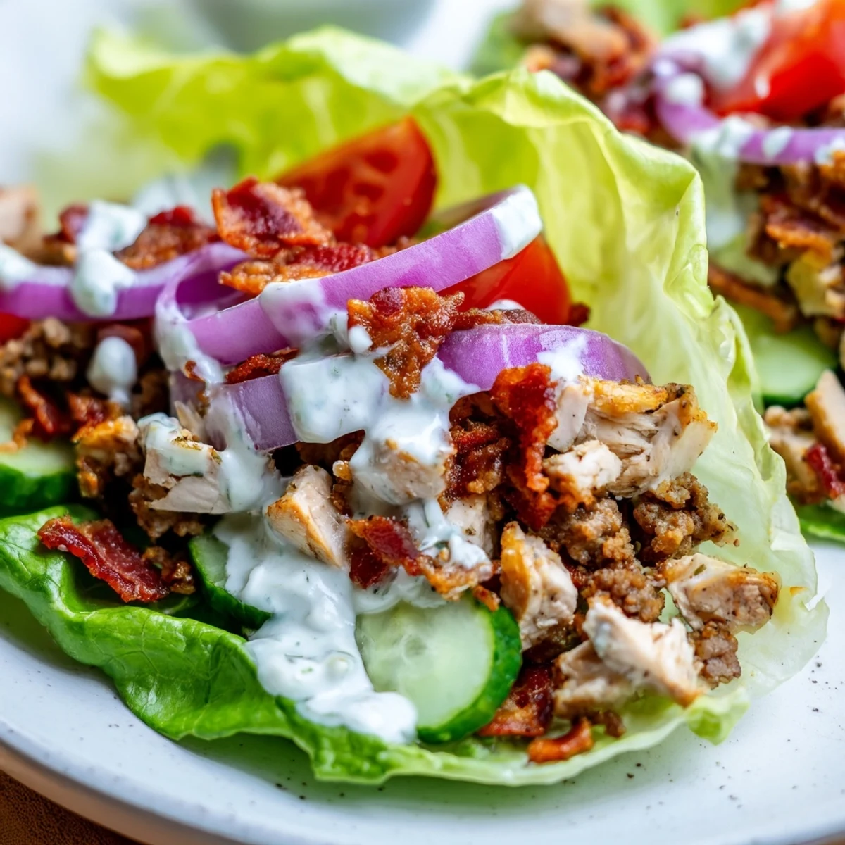 Protein-packed lettuce wraps loaded with juicy chicken, savory ground beef, and crispy bacon topped with fresh vegetables