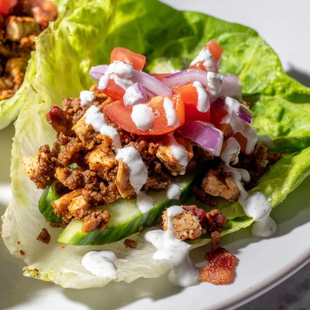 Hearty low-carb lettuce wraps featuring chicken, beef, and bacon with colorful veggies and cool ranch dressing