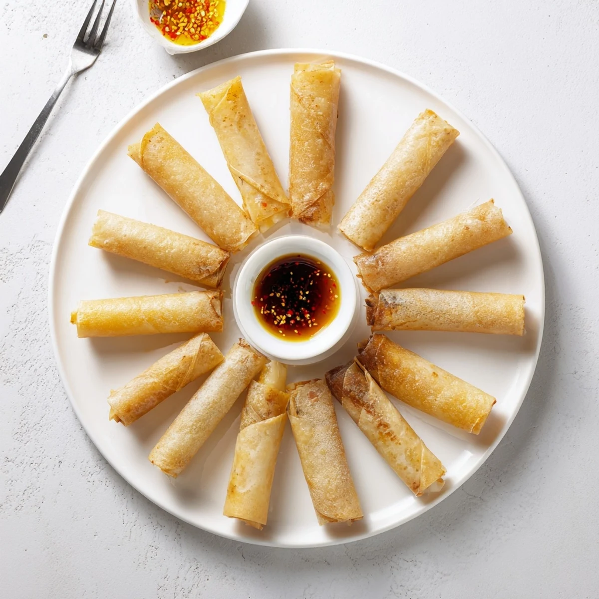 Golden brown crispy rice paper spring rolls with vegetable filling on a white plate