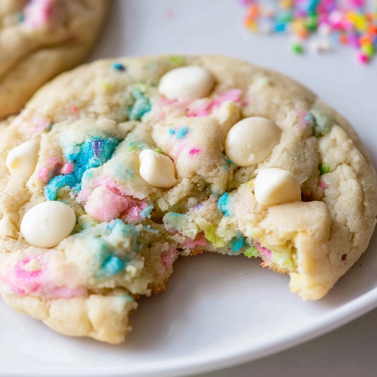 Soft Easter Funfetti Cookies dotted with pastel sprinkles on a wire cooling rack