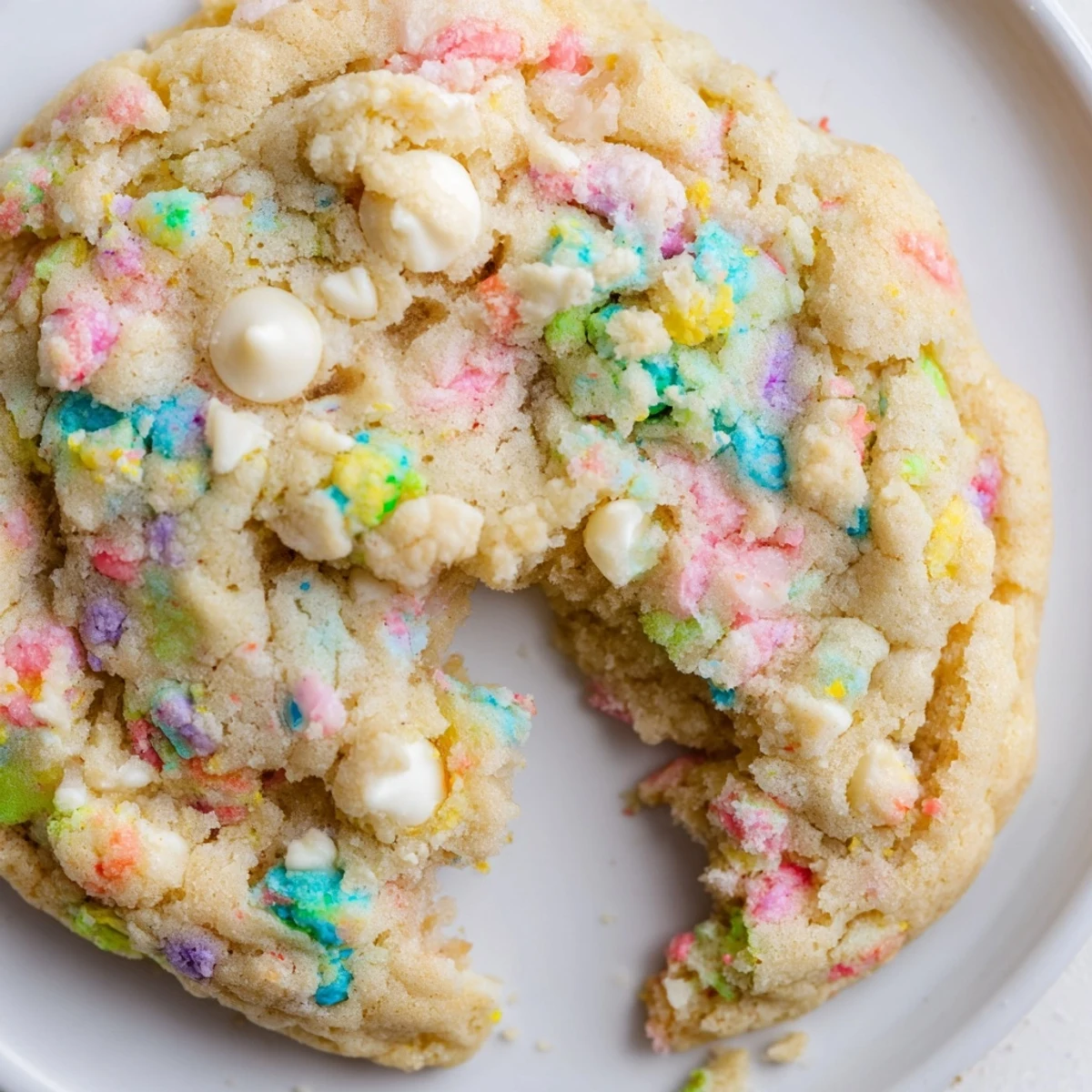Plate of festive Easter Funfetti Cookies topped with white chocolate chips and sprinkles