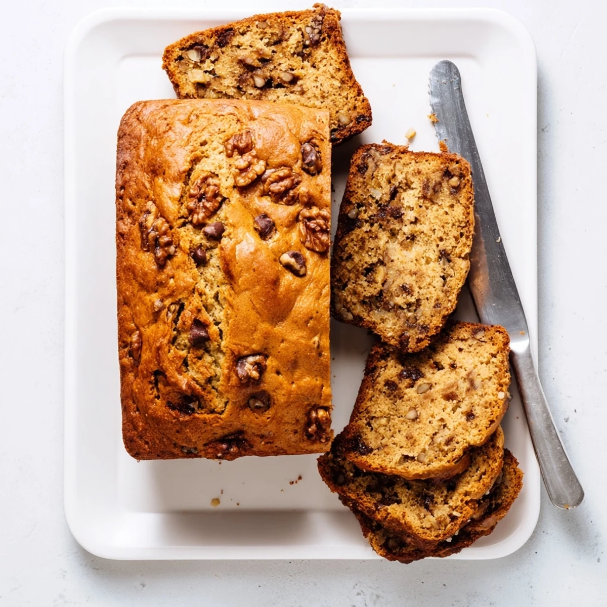 Thick slice of moist banana bread served on a white plate, topped with melted butter and ripe banana pieces