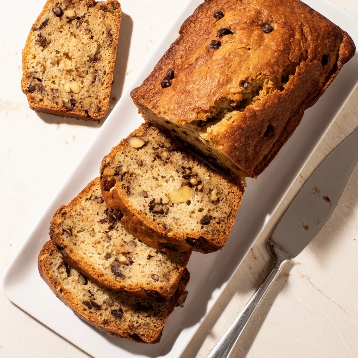 Golden brown moist banana bread loaf with a cracked top and tender crumb, freshly baked on a wooden cutting board