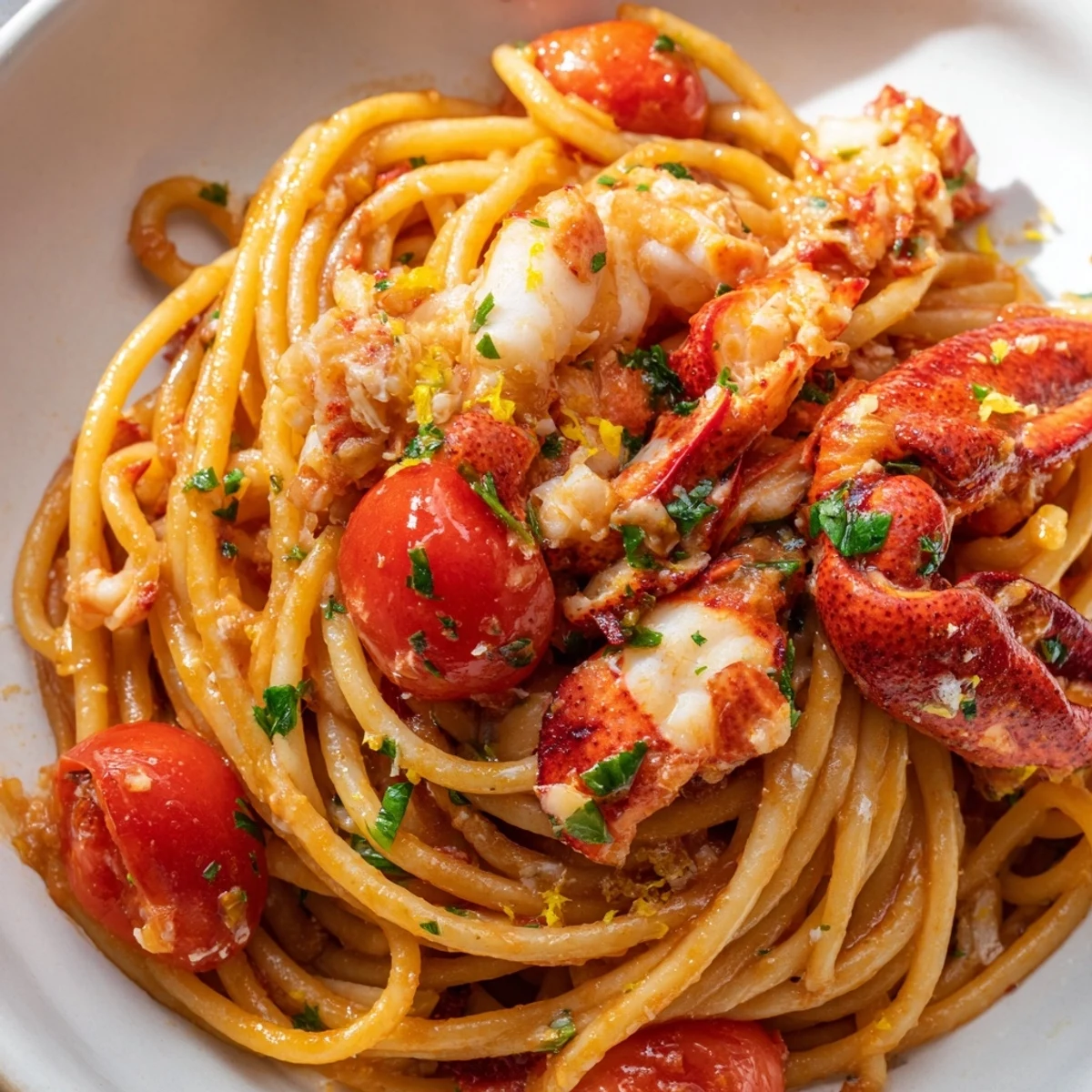 Golden lobster bucatini pasta tossed in garlicky tomato wine sauce with fresh parsley