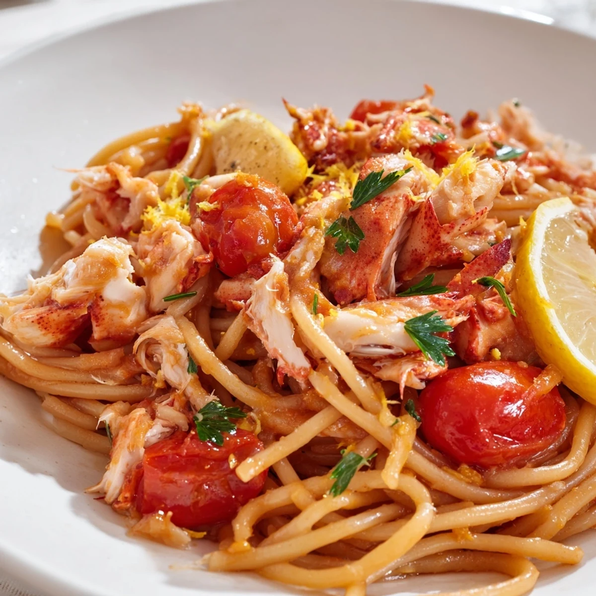 Luxurious lobster bucatini pasta featuring tender chunks in rich white wine tomato sauce