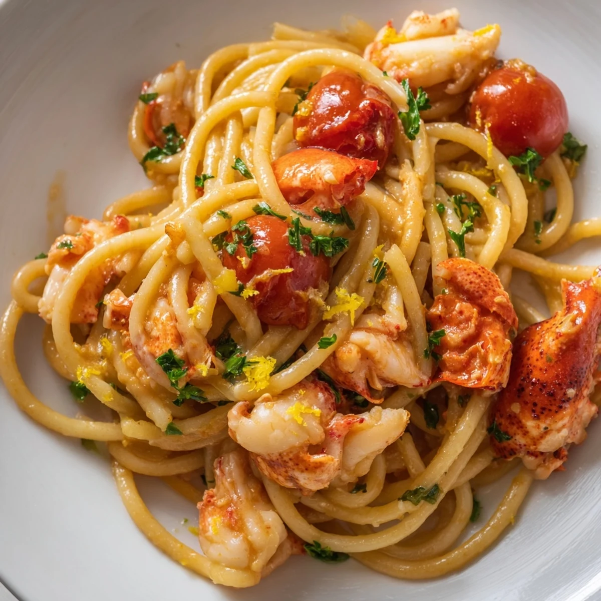 Twisted bucatini pasta coated in creamy lobster sauce with cherry tomatoes and lemon zest
