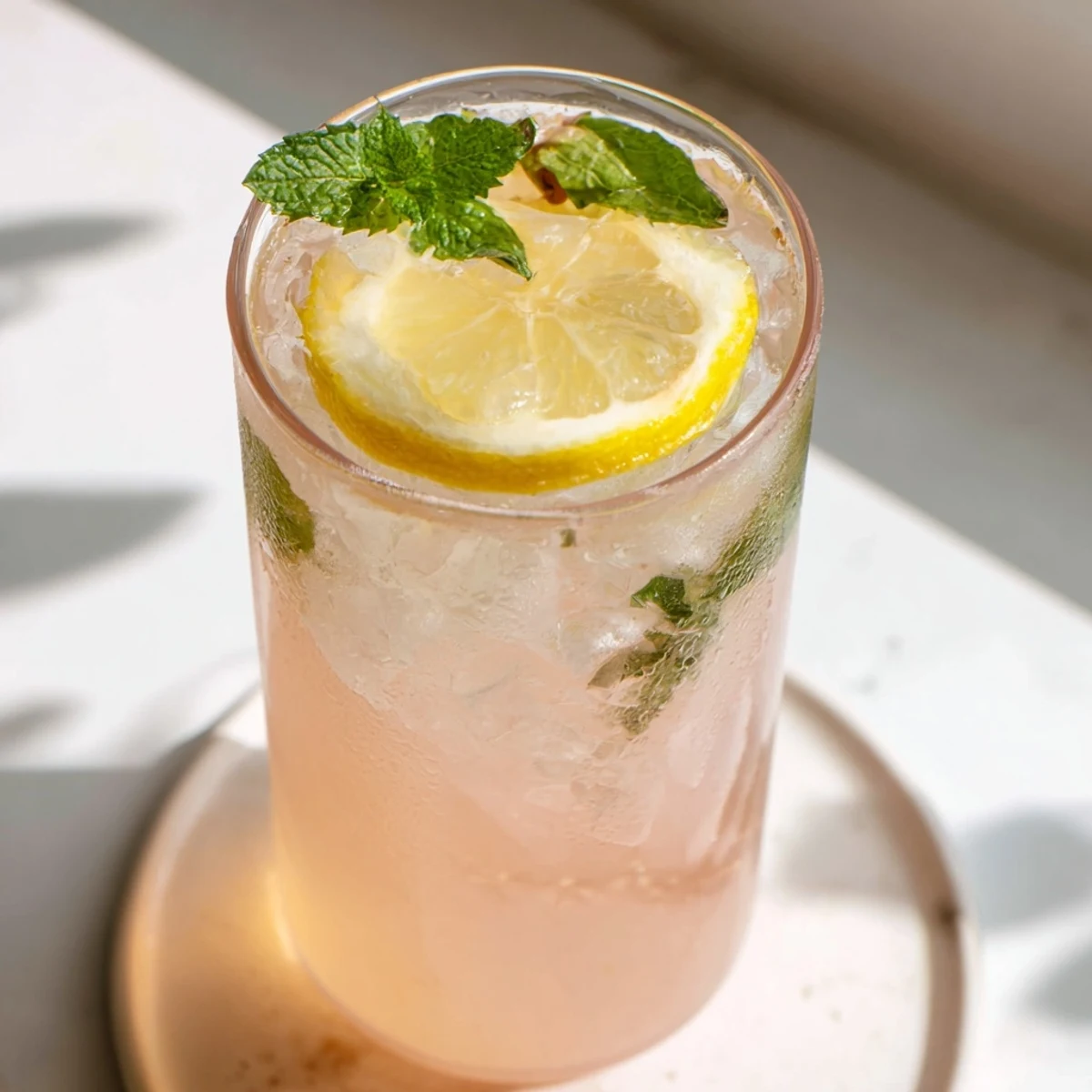 Glass of guava white tea lemonade garnished with fresh lemon slices and mint leaves