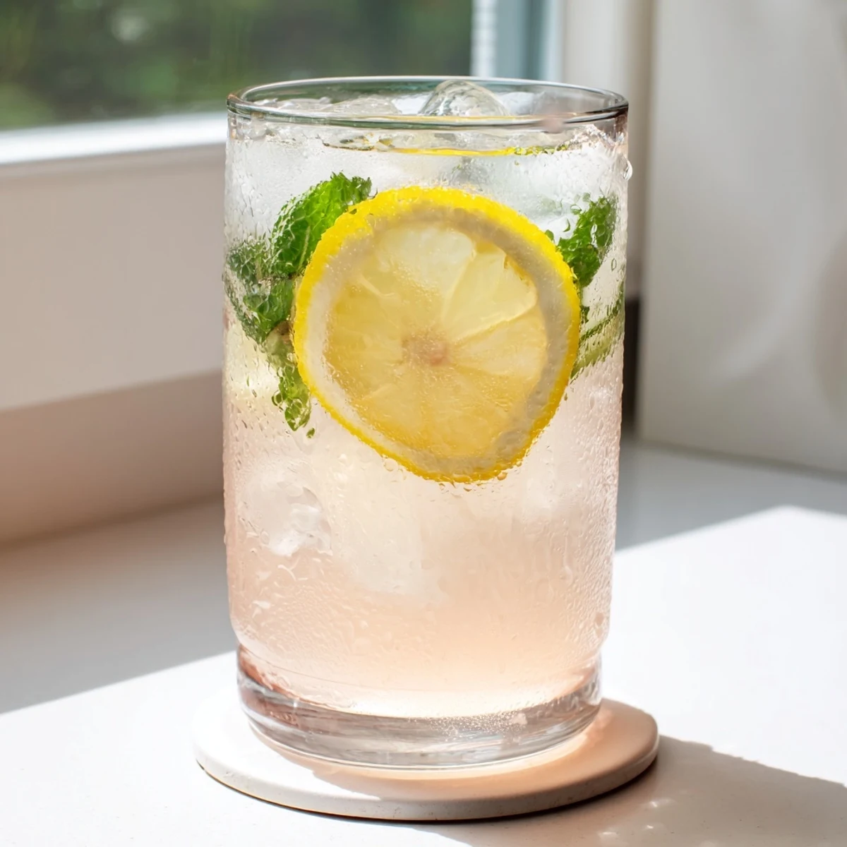 Tropical guava white tea lemonade poured over ice in a tall clear glass