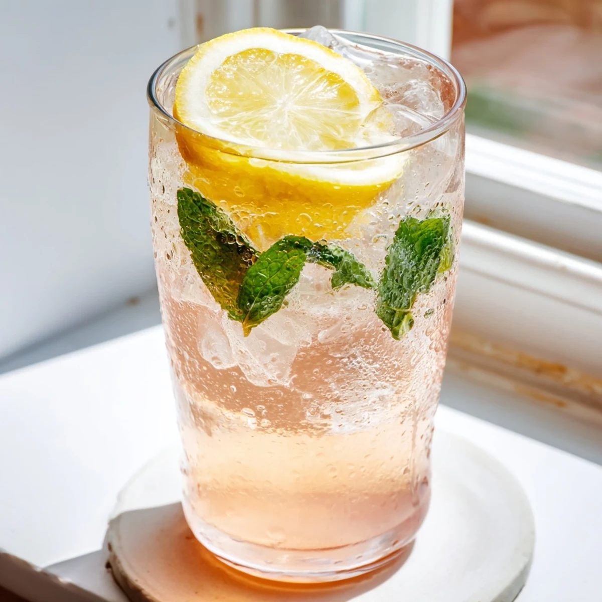 Refreshing pink guava white tea lemonade drink with citrus garnish on wooden table