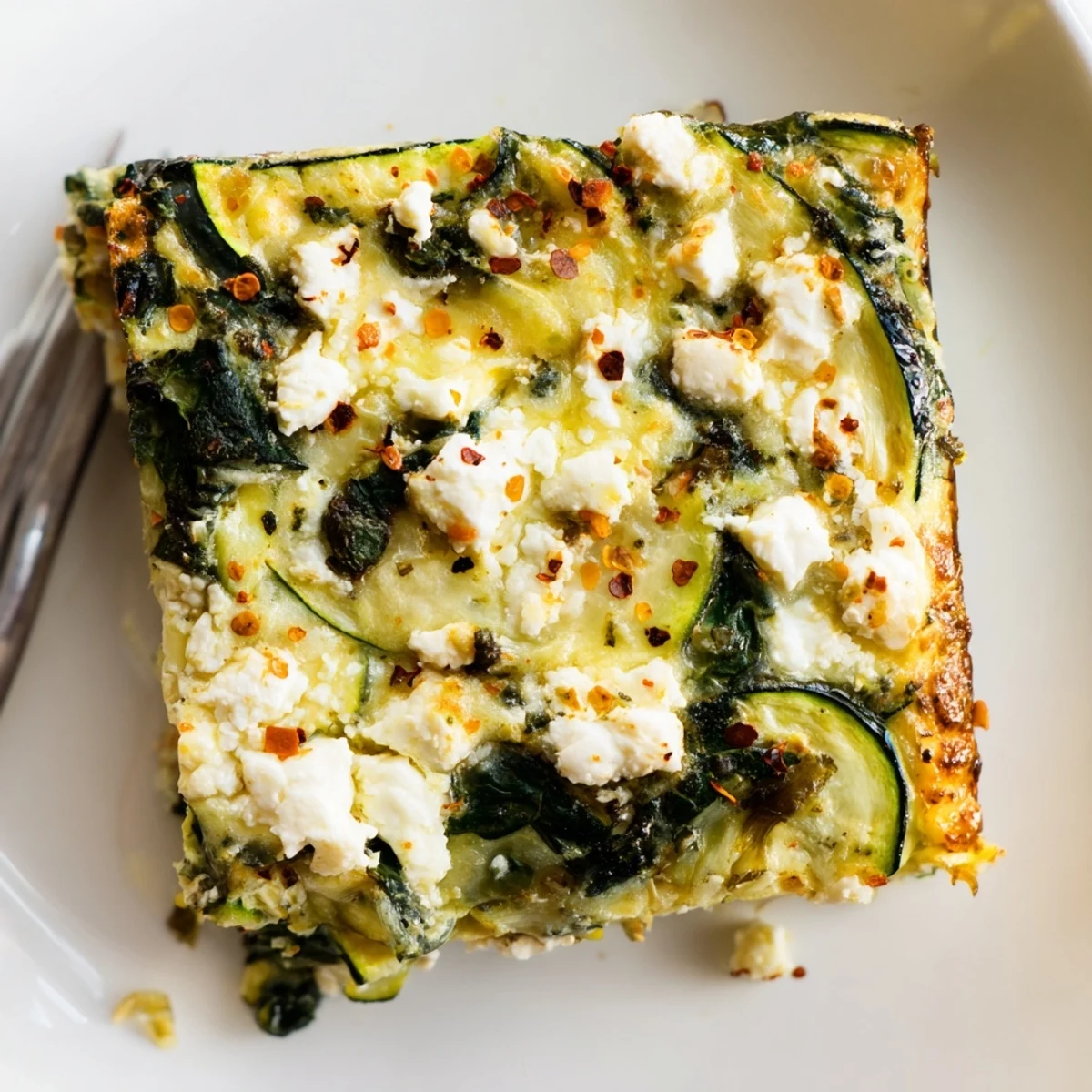 Golden baked zucchini spinach feta casserole with bubbling mozzarella topping on a white ceramic plate