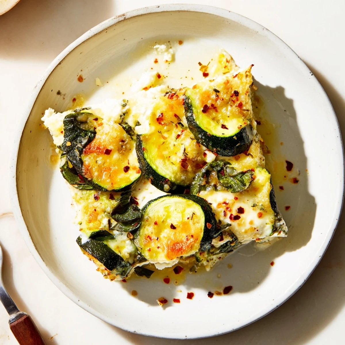 Mediterranean-style layered vegetable casserole featuring fresh zucchini rounds and wilted spinach under melted feta cheese