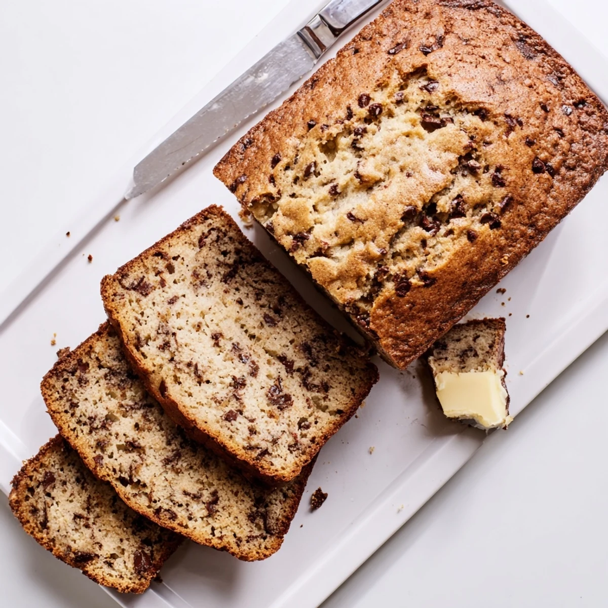 Golden brown classic chocolate chip banana bread loaf studded with melting chocolate chips on a wooden cutting board