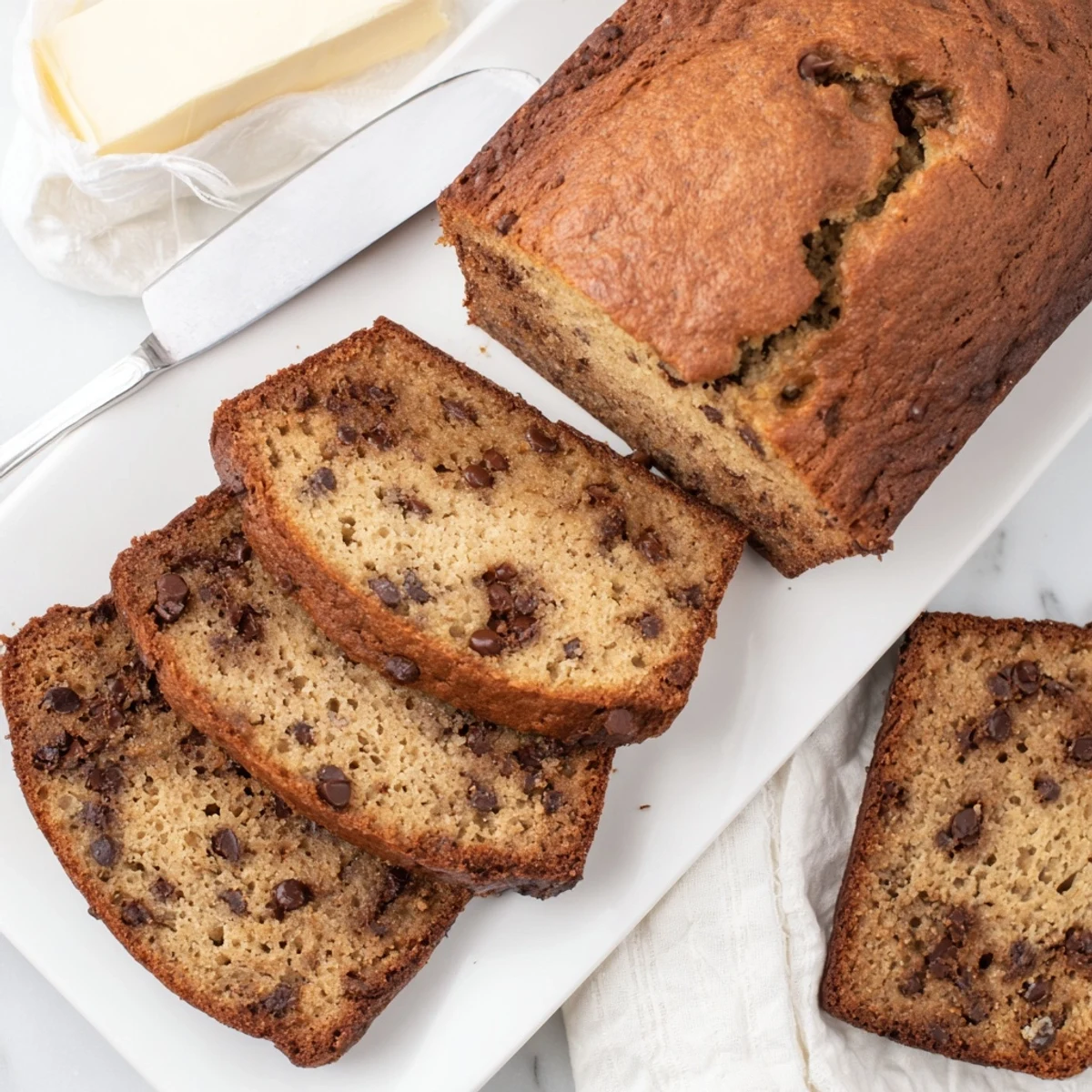 Thick slice of moist classic chocolate chip banana bread revealing dark chocolate pockets and tender crumb texture