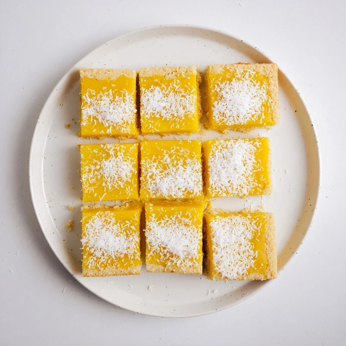 Golden mango coconut bars with fluffy coconut topping on a buttery shortbread crust