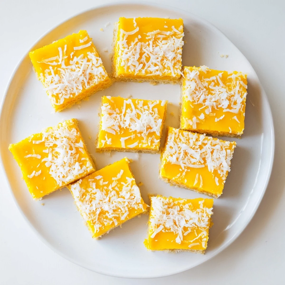 Chewy tropical mango coconut bars sliced into squares on a white serving plate