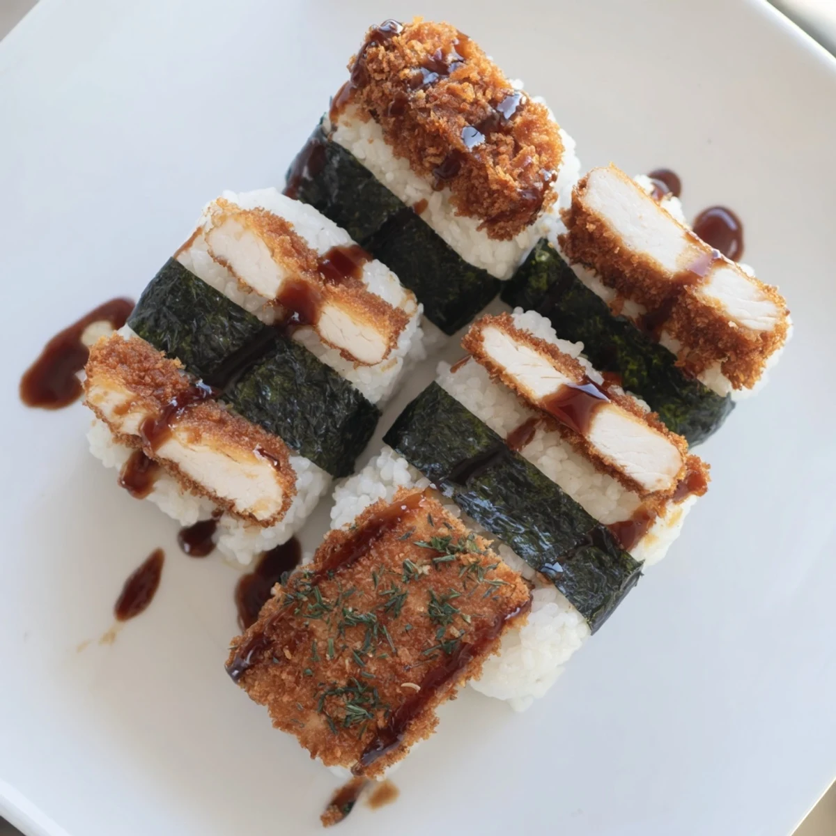 Golden crispy chicken katsu layered between seasoned rice wrapped in nori seaweed