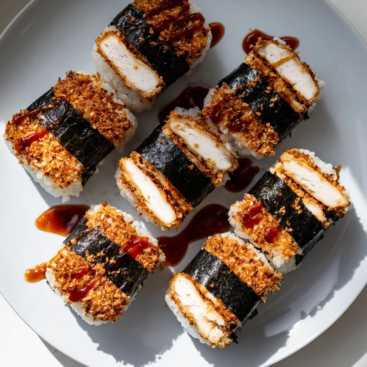 Hawaiian-Japanese fusion musubi featuring panko-crusted chicken atop fluffy white rice blocks