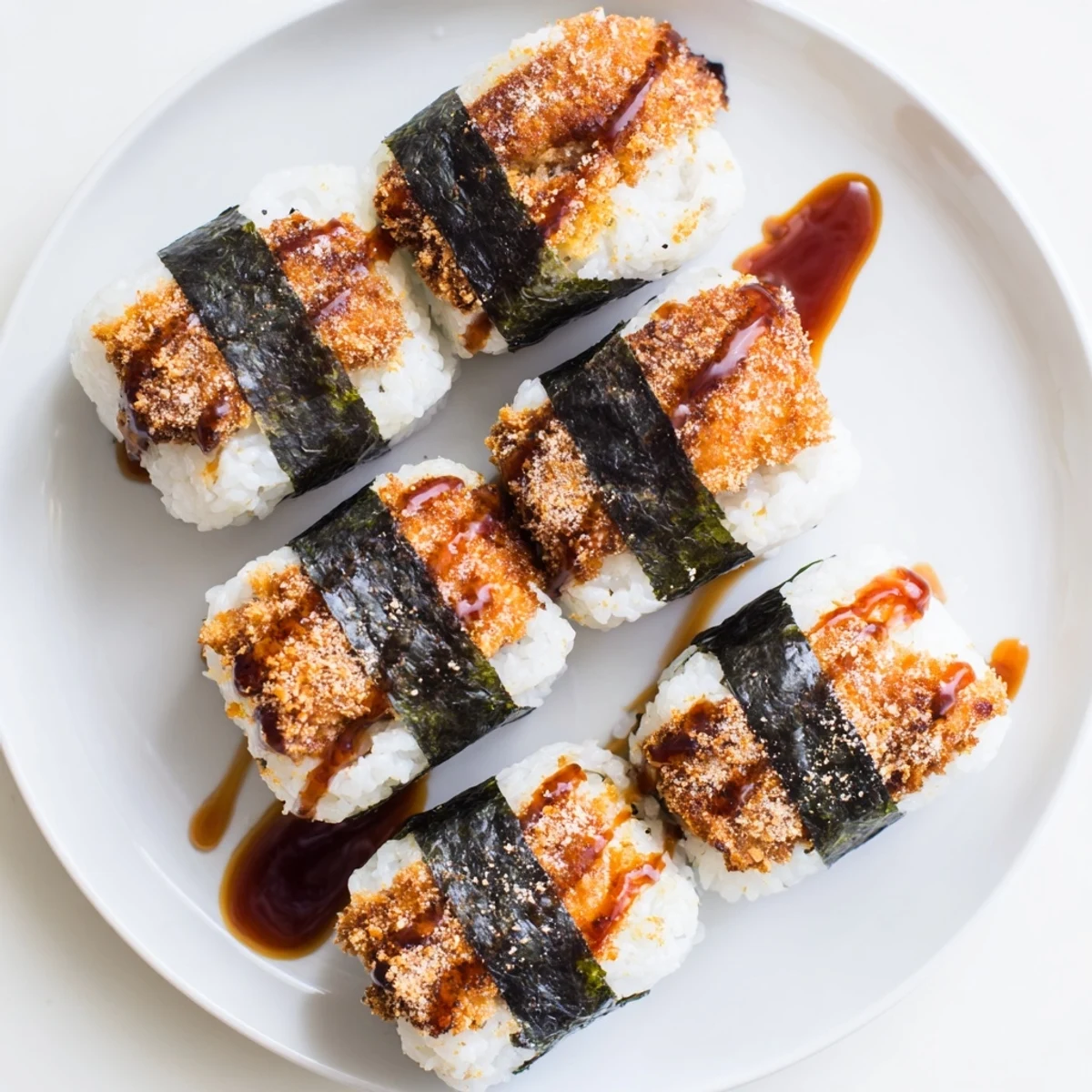 Savory chicken katsu musubi cut into portable rectangles with glossy tonkatsu glaze