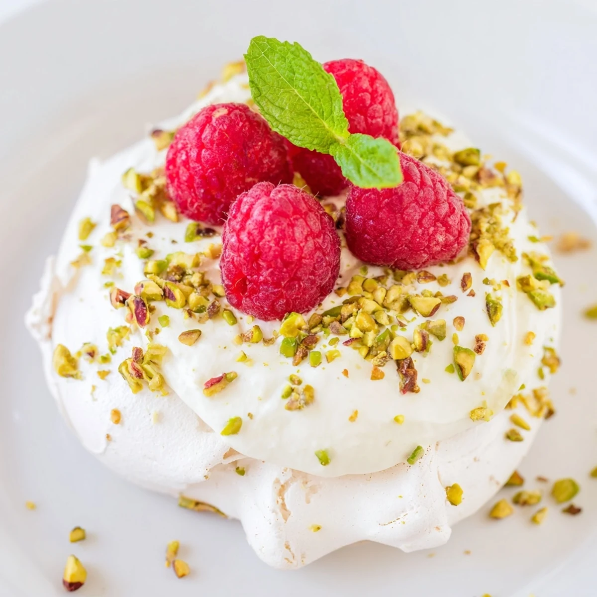 Crisp meringue shells with ground pistachios, whipped cream filling, and ruby raspberry garnish
