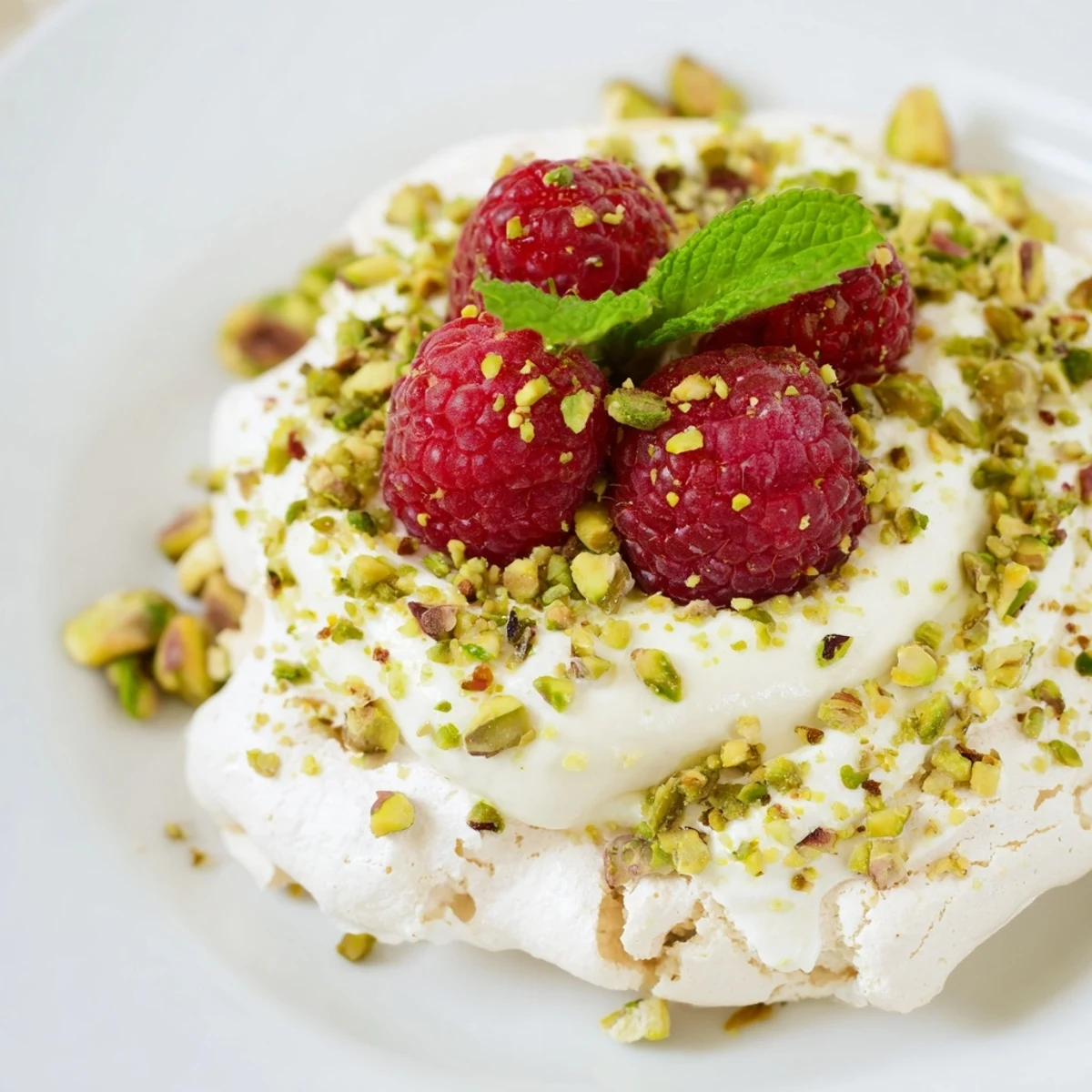 Golden pistachio meringue nests filled with whipped cream and topped with fresh raspberries