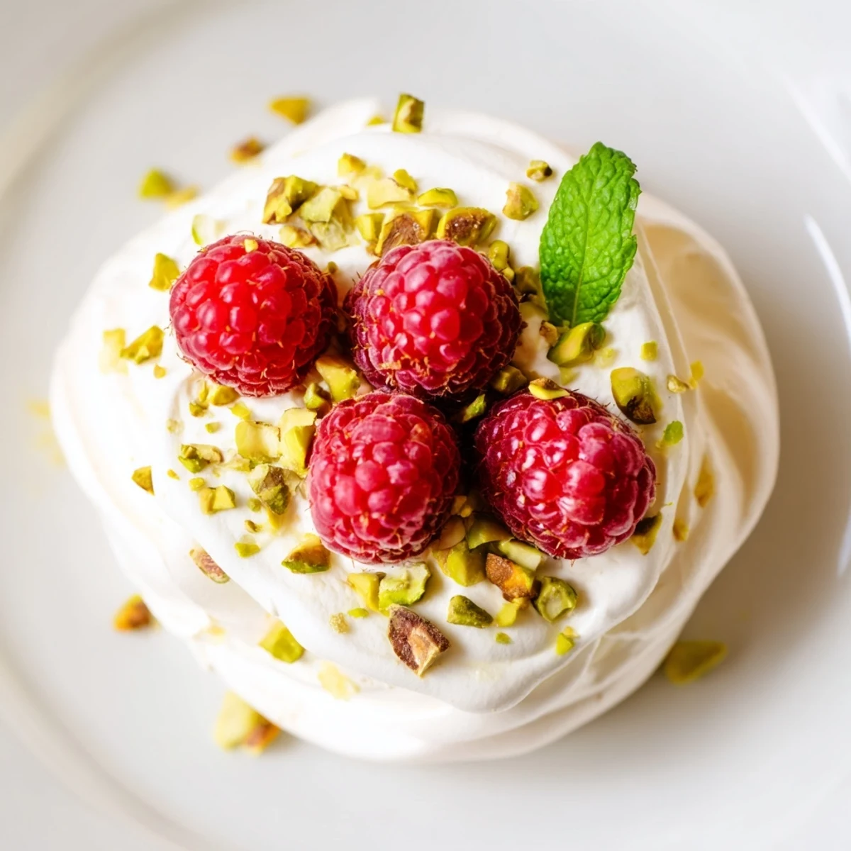 Delicate pistachio meringue nests piled high with fluffy cream and juicy red berries
