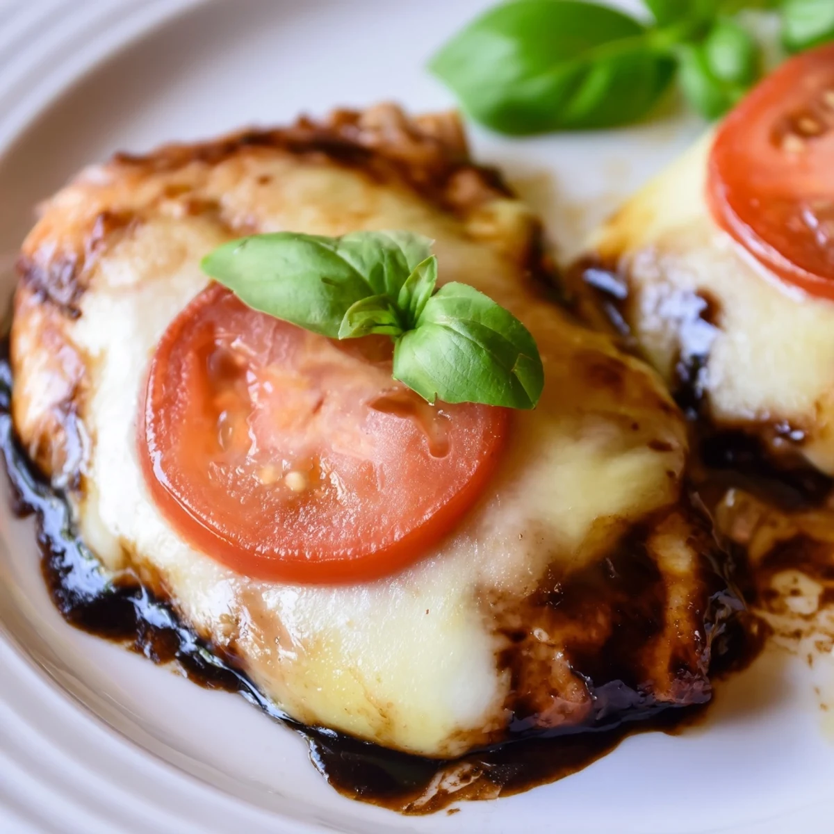 Juicy mozzarella-topped chicken breast emerges from the oven with bubbly cheese and caramelized balsamic glaze