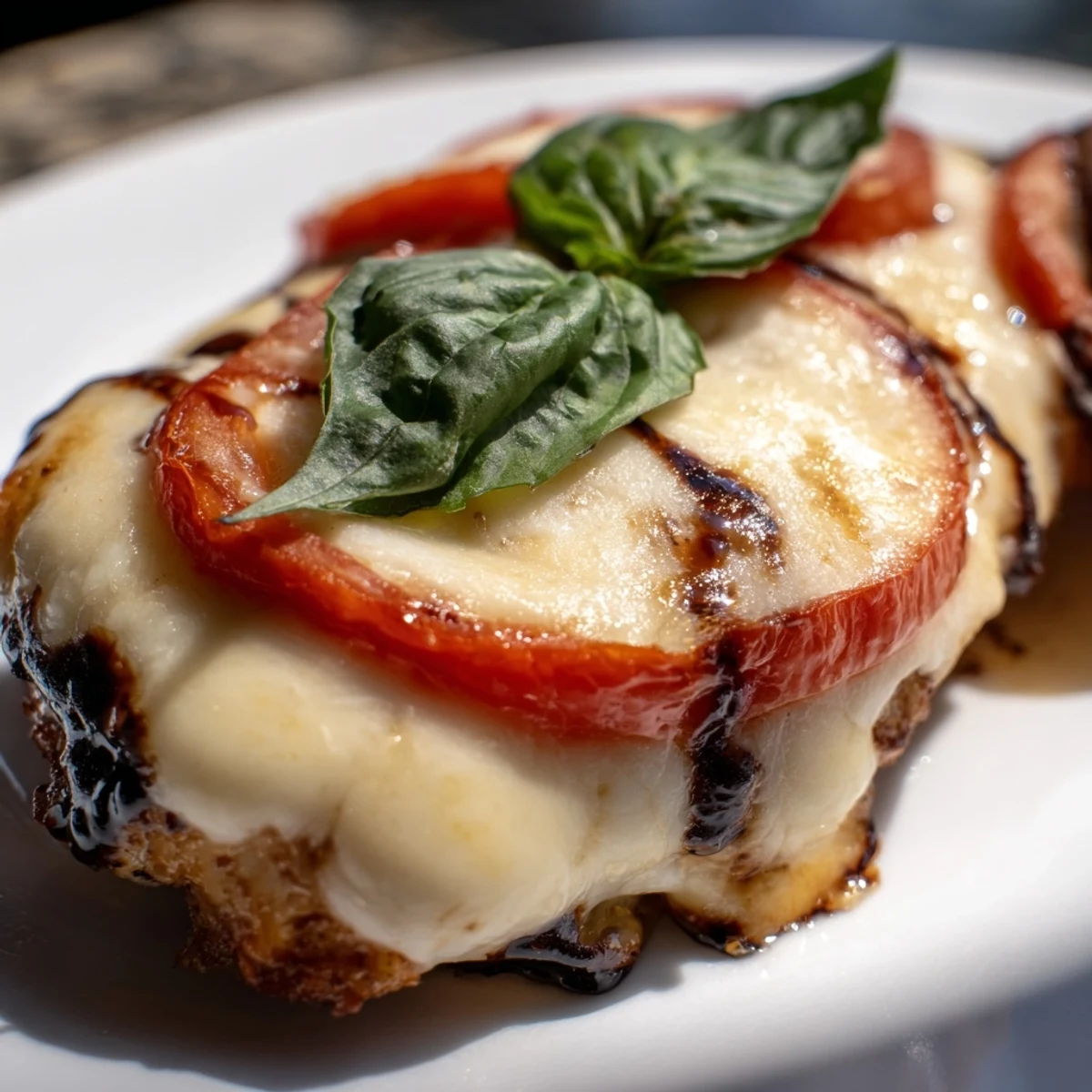 Golden brown balsamic baked chicken breast topped with melted mozzarella and fresh basil leaves