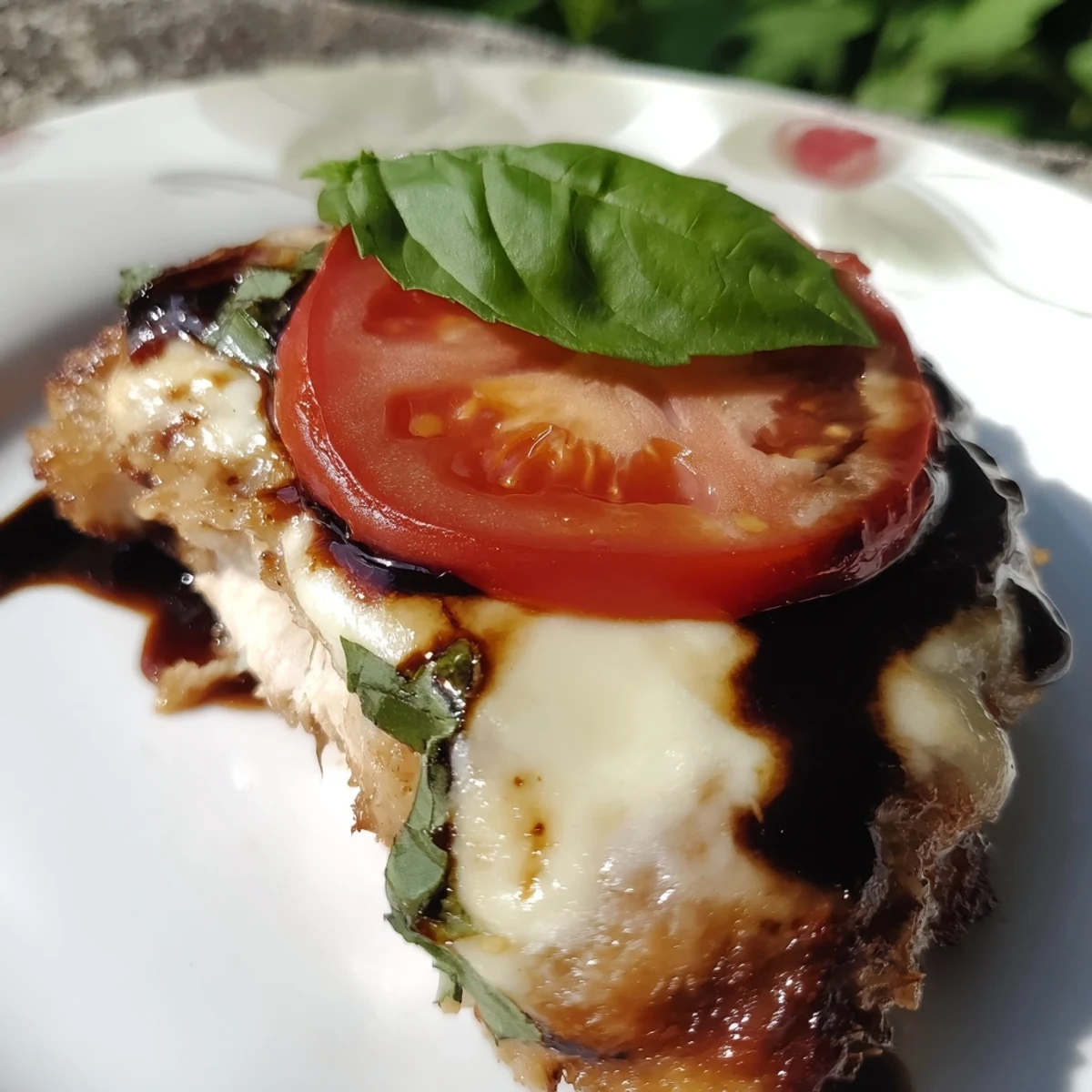 Italian-style baked chicken breast featuring gooey mozzarella, tomato slices, and a dark tangy balsamic coating