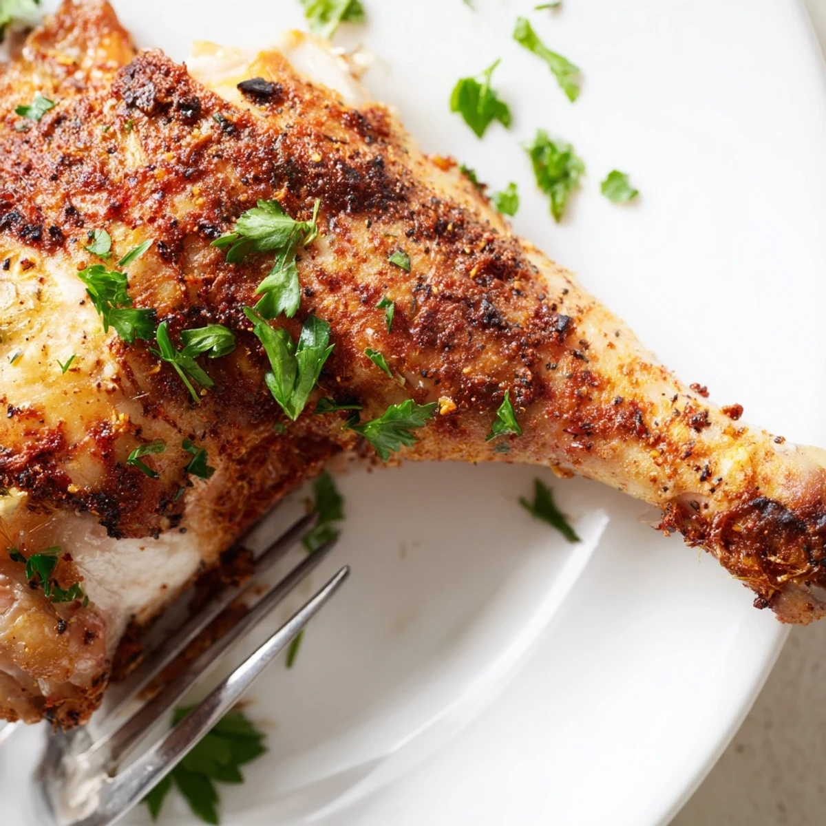Golden brown buttermilk roasted chicken pieces arranged on a wire rack with fresh parsley garnish