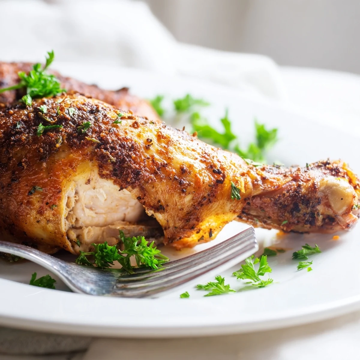 Tender juicy buttermilk roasted chicken with perfectly caramelized exterior garnished with chopped fresh parsley